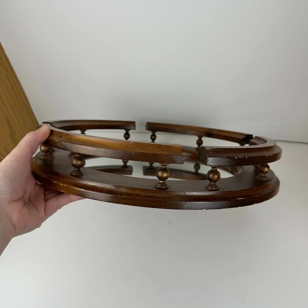 Vintage Round Wood Mirrored Vanity Tray Gallery Rail Spindle Lazy Susan Brown
